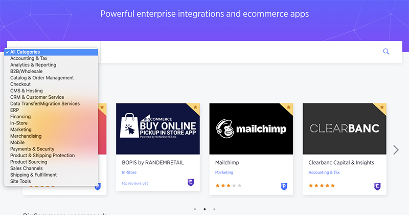 BigCommerce offers apps and integrations from its Apps marketplace