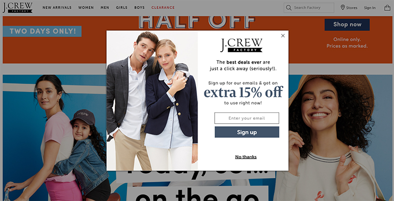 Email subscription form on J. Crew’s website (how to promote your online store)