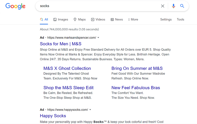 Paid ads for socks on Google (online store advertising)